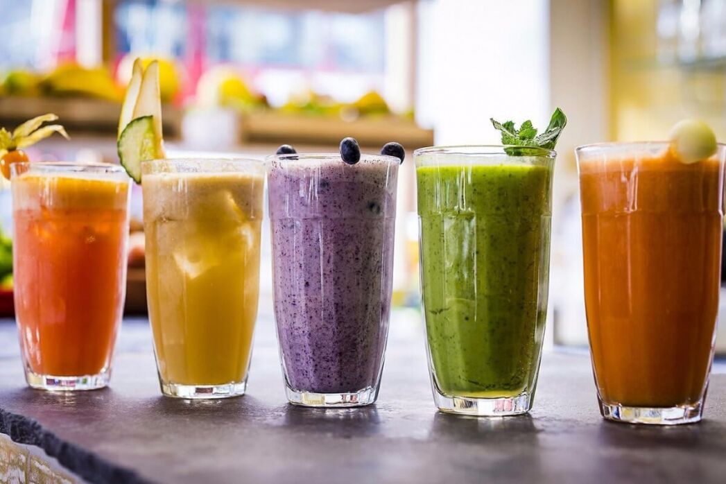 A variety of weight loss smoothies are prepared with fresh ingredients